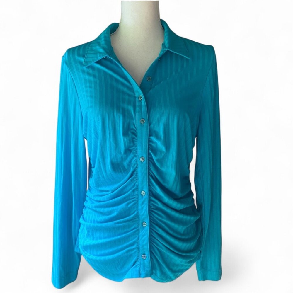 Jessica Simpson Slinky Blue Striped Ribbed Button Down Stretch Knit Shirt XL - Picture 1 of 9